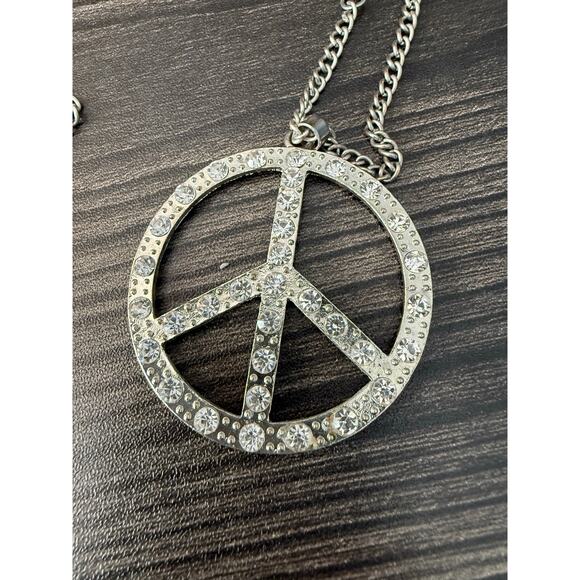 No Brand Jewelry - 6/$25 Rhinestone Peace Sign Pendant Long Silver Tone Necklace